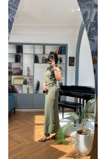 3714-HAKİ -BORDO YANLARI DRAPELİ ELBİSE