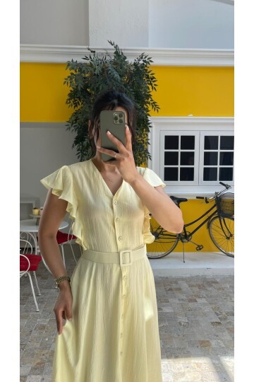 3739-SARI FIRFIRLI KEMERLİ ELBİSE