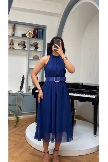 3734-SAKS SIFIR KOL KEMERLİ ELBİSE