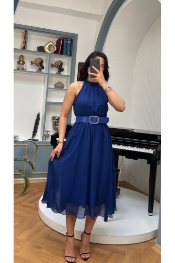 3734-SAKS SIFIR KOL KEMERLİ ELBİSE