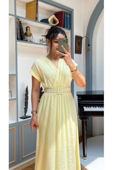3751-SARI KETEN ANVELOK KEMERLİ ELBİSE