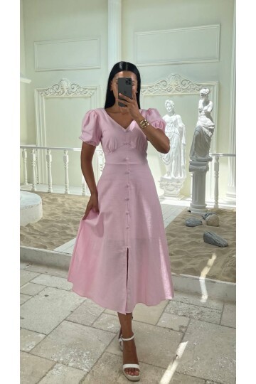 3773-PEMBE KAYIK YAKA DÜĞMELİ KETEN ELBİSE