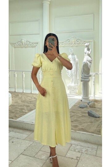 3773-SARI KAYIK YAKA DÜĞMELİ KETEN ELBİSE