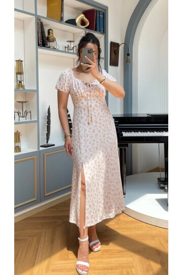 3777-PEMBE ÇİÇEK DESEN BONCUKLU ELBİSE