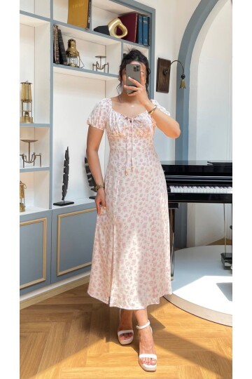 3777-PEMBE ÇİÇEK DESEN BONCUKLU ELBİSE