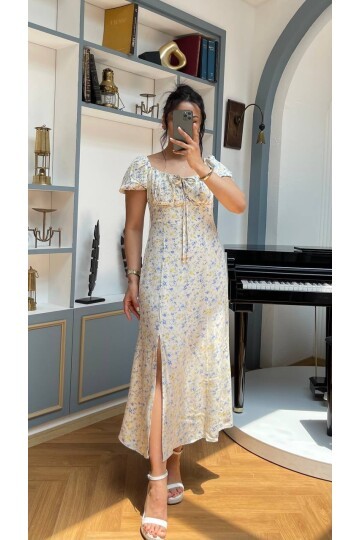 3777-SARI ÇİÇEK DESEN BONCUKLU ELBİSE