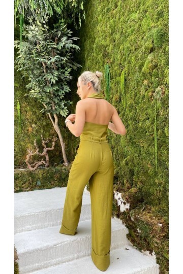 3782-OLİV KETEN KUMAŞ DERİN V YAKA TULUM