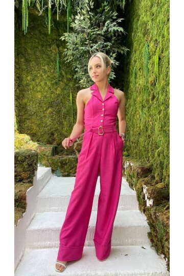 3782-PEMBE KETEN KUMAŞ DERİN V YAKA TULUM