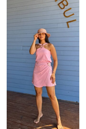 3810-PEMBE TOKALI ŞORT TULUM