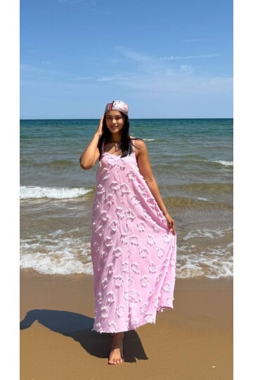 3816-PEMBE SAÇAKLI ASKLI KETEN ELBİSE