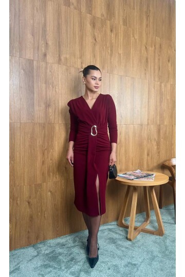 3829-BORDO  OLİPS KEMER DETAYLI ELBİSE