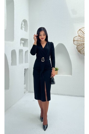 3829-SİYAH OLİPS KEMER DETAYLI ELBİSE