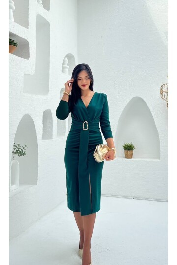 3829-ZÜMRÜT  OLİPS KEMER DETAYLI ELBİSE