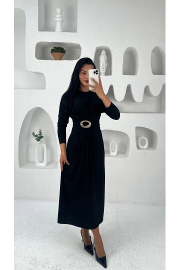 3831-SİYAH ELİPS TOKALI ÖNDEN DÜĞÜMLÜ SANDY ELBİSE