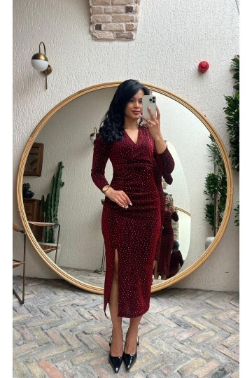3837-BORDO TAŞLI BUZY YANDAN DRAPELİ ELBİSE