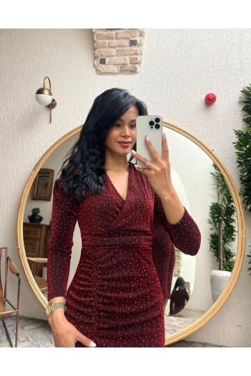 3837-BORDO TAŞLI BUZY YANDAN DRAPELİ ELBİSE