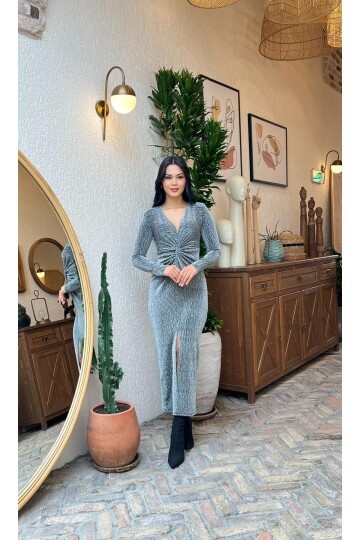 3837-GRİ TAŞLI BUZY YANDAN DRAPELİ ELBİSE