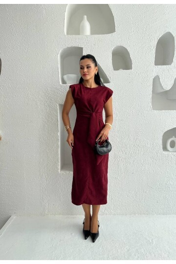 3842-BORDO  SÜET KUMAŞ KENDİNDEN KUŞAKLI ELBİSE