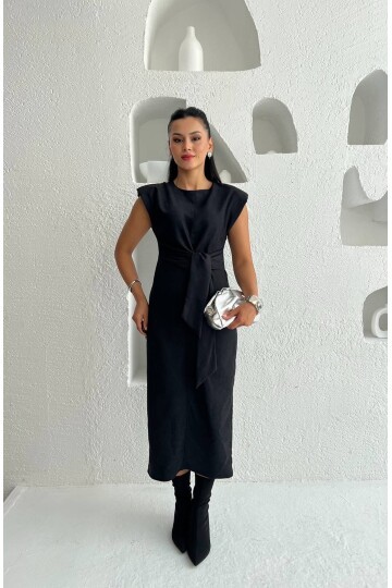 3842-SİYAH SÜET KUMAŞ KENDİNDEN KUŞAKLI ELBİSE