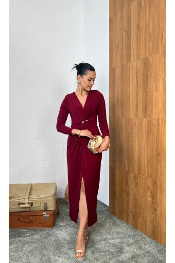 3849-BORDO  SANDY KUMAŞ ÖNÜ BÜZGÜLÜ BROŞ DETAYLI ELBİSE