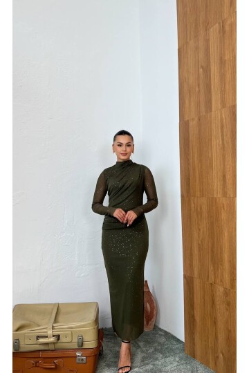 3854-HAKİ SİMLİ TÜL ELBİSE