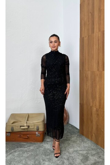 3854-SİYAH SİMLİ TÜL ELBİSE