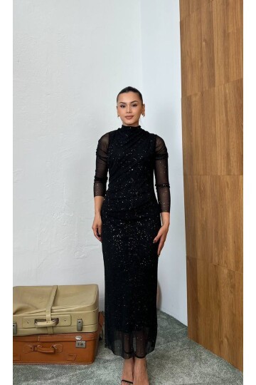 3854-SİYAH SİMLİ TÜL ELBİSE