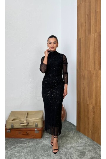 3854-SİYAH SİMLİ TÜL ELBİSE