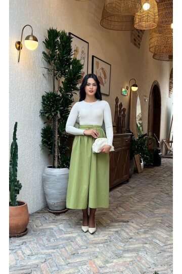 3857-BEJE OLİV   ÜST KAŞKORSE ALT POPLİN KEMERLİ ELBİSE