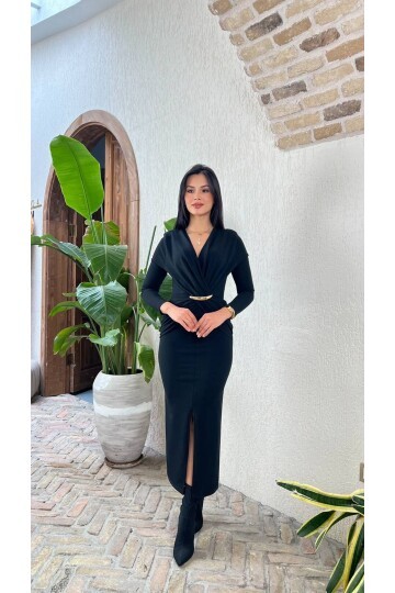 3862-SİYAH ÖNÜ DÜĞÜMLÜ TOKALI ELBİSE