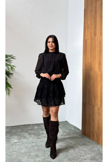 3863-SİYAH ÜSTÜ ŞİFON ALTI FLOK MİNİ ELBİSE