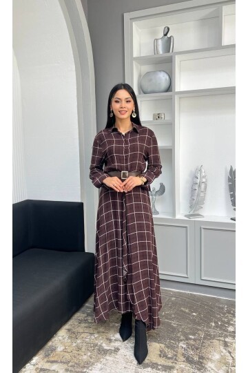 3868-KAHVERENGİ EKOSE DESEN FIRFIRLI GÖMLEK ELBİSE