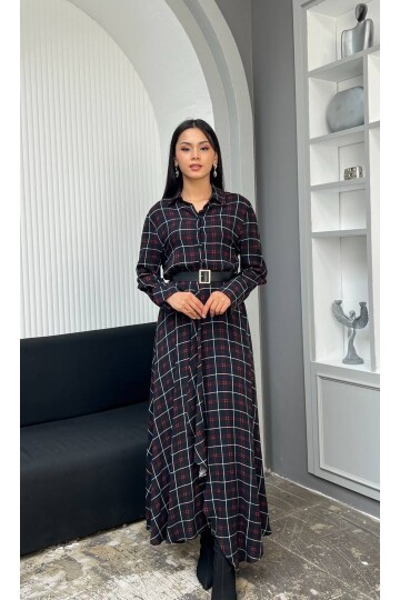 3868-SİYAH EKOSE DESEN FIRFIRLI GÖMLEK ELBİSE