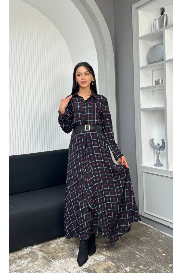3868-SİYAH EKOSE DESEN FIRFIRLI GÖMLEK ELBİSE