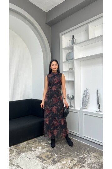 3871-.ÇİÇEK DESEN SIFIR KOL YANLARI DRAPELİ ELBİSE