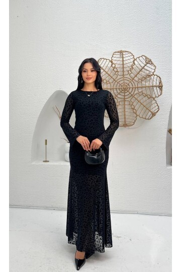 3874-SİYAH LEOPAR DESEN FLOK BASKI ELBİSE