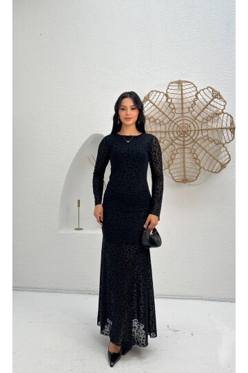 3874-SİYAH LEOPAR DESEN FLOK BASKI ELBİSE