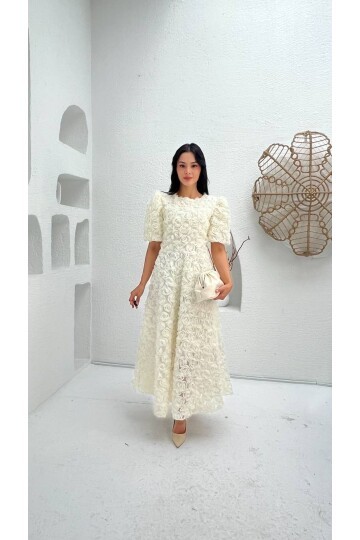 3876-BEYAZ PRENSES OMUZ GÜL KUMAŞ ELBİSE