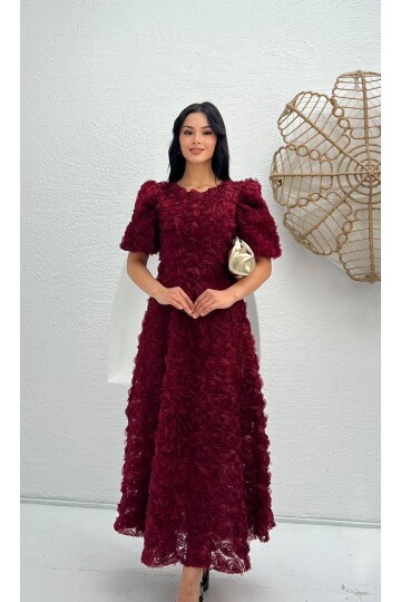 3876-BORDO PRENSES OMUZ GÜL KUMAŞ ELBİSE