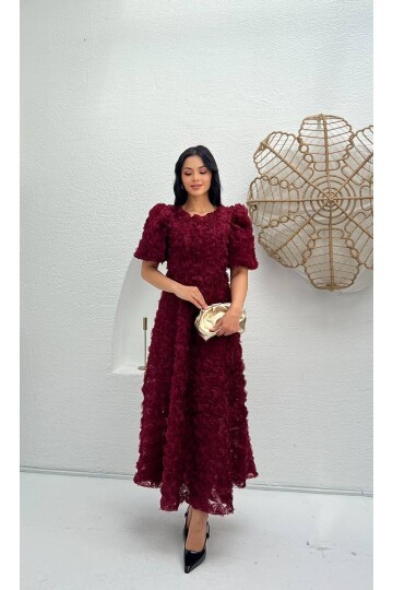 3876-BORDO PRENSES OMUZ GÜL KUMAŞ ELBİSE