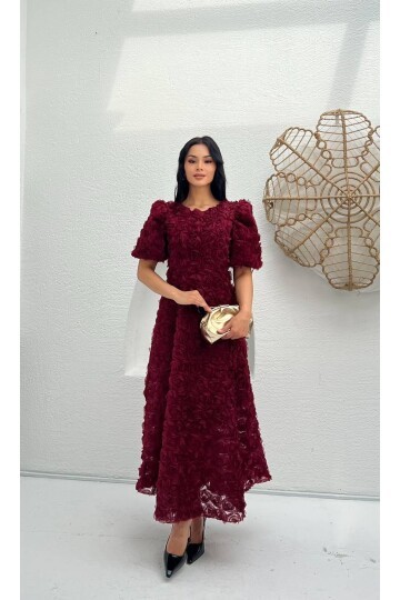 3876-BORDO PRENSES OMUZ GÜL KUMAŞ ELBİSE