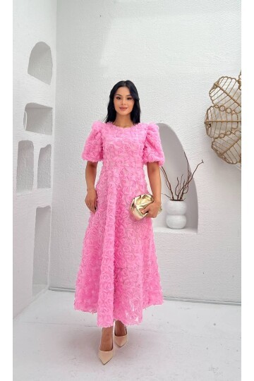 3876-PEMBE PRENSES OMUZ GÜL KUMAŞ ELBİSE