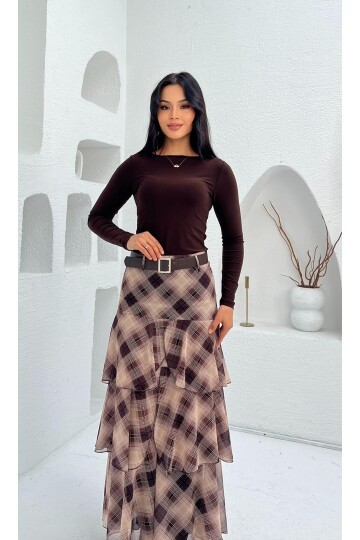 3877-KAHVERENGİ KAT KAT EKOSE DESEN  FIRFIRLI ŞİFON ETEK