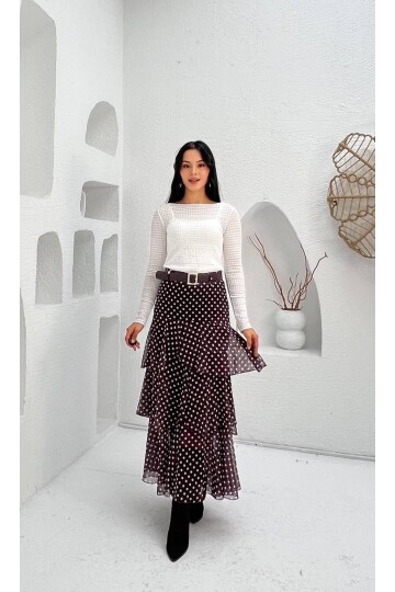 3877-KAHVERENGİ KAT KAT PUANTİYE DESEN  FRFIRLI ŞİFON ETEK