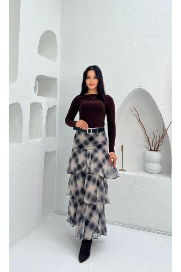 3877-SİYAH KAT KAT EKOSE DESEN FIRFIRLI ŞİFON ETEK