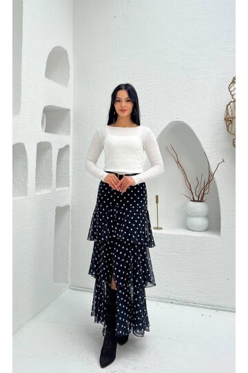 3877-SİYAH KAT KAT PUANTİYE DESEN  FIRFIRLI ŞİFON ETEK