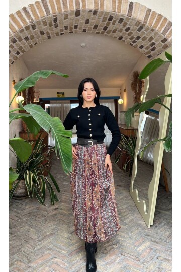 3879 PLİSELİ ŞAL DESEM KEMERLİ ELBİSE