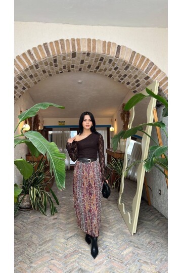 3879 PLİSELİ ŞAL DESEM KEMERLİ ELBİSE