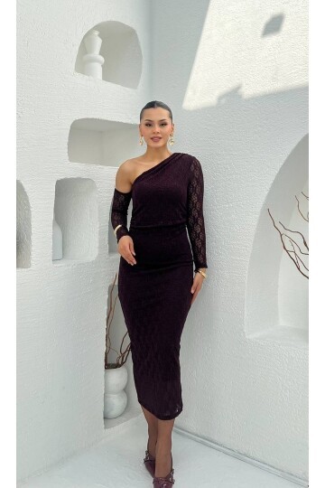 3883-BORDO TEK OMUZ DANTELLİ ELBİSE