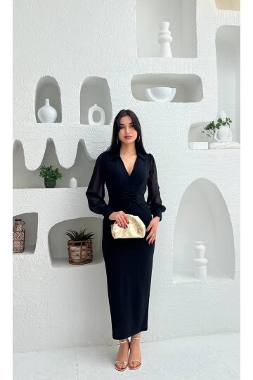 3885-SİYAH ÖNDEN KUŞ GÖZÜ BAĞLAMALI ÜSTÜ ŞİFON ALTI KREP KALEM ELBİSE